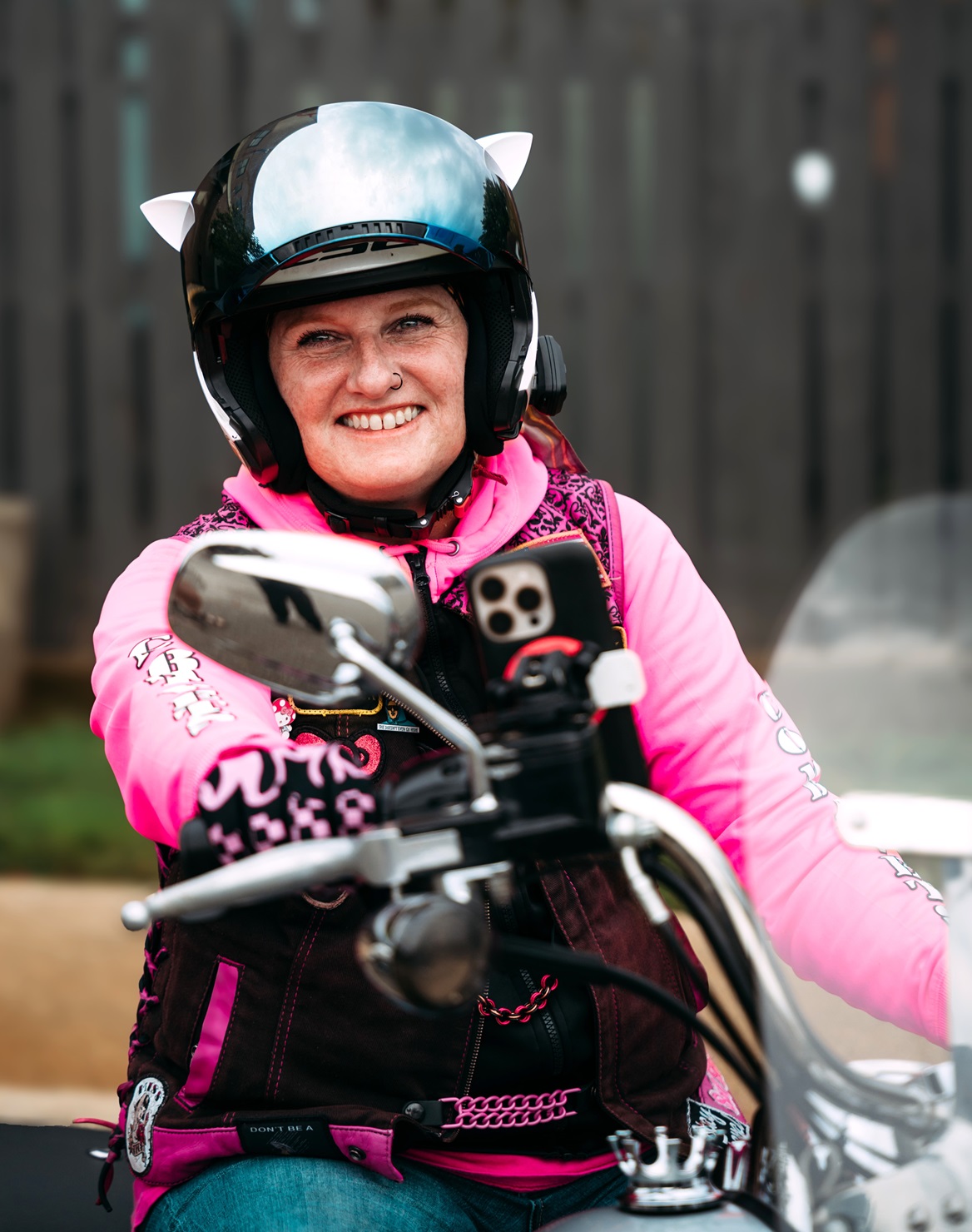 Maggie on her motorcycle