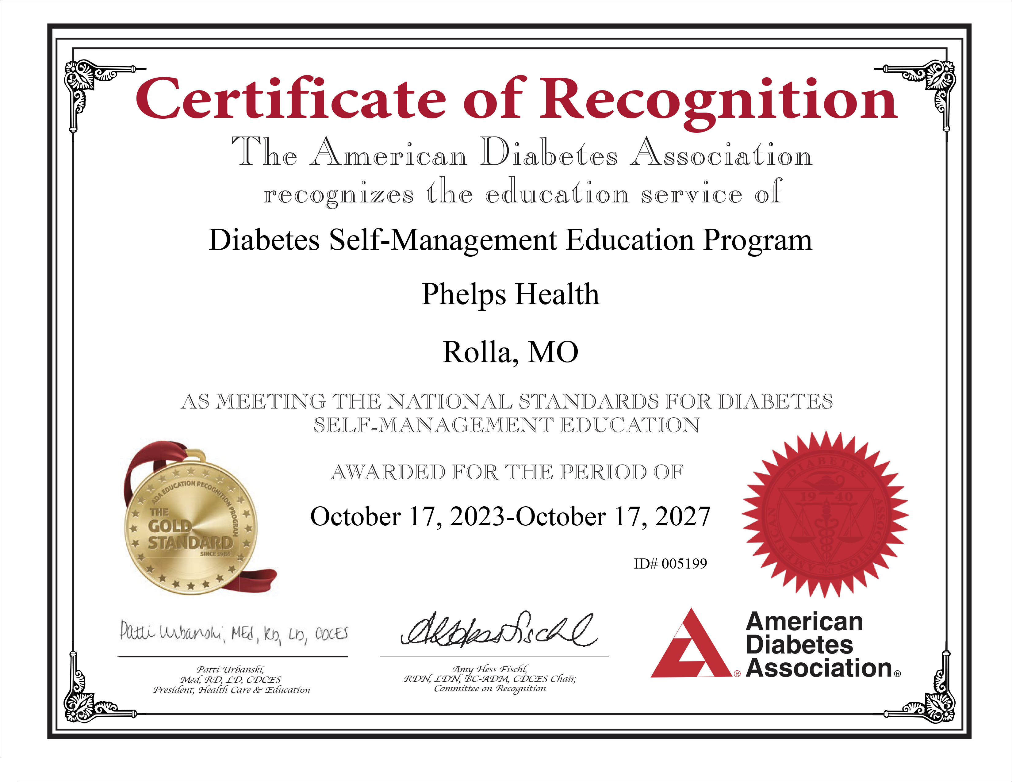 ADA certificates Phelps Health diabetes education
