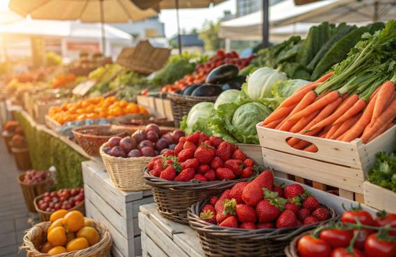 Fresh fruits and vegetables at a farmers market Fresh fruits and vegetables at a farmers market